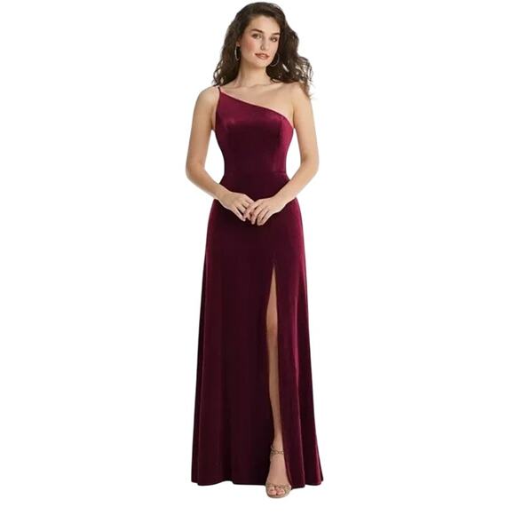After Six One-Shoulder Spaghetti Strap Velvet Maxi Dress 16 Cabernet Wine Red - Picture 12 of 15